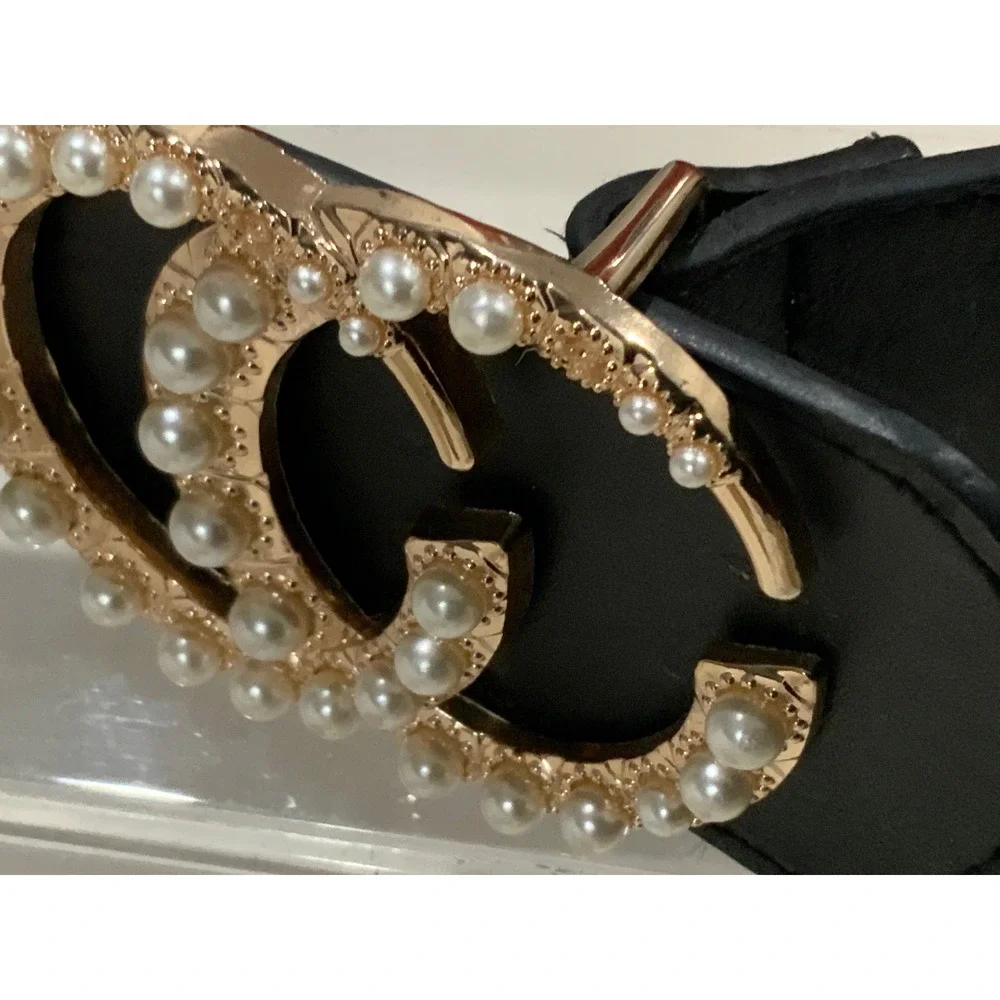 Women Black Elastic‎ Wide Waist Belt Gold Pearl Interlocking C Buckle Statement